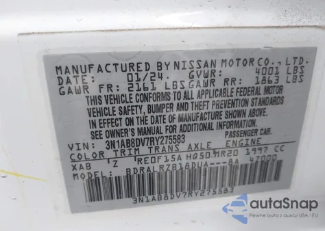 2024 Nissan Sentra Sr Xtronic Cvt z USA, uszkodzony, nr VIN 3N1AB8DV7RY275583
